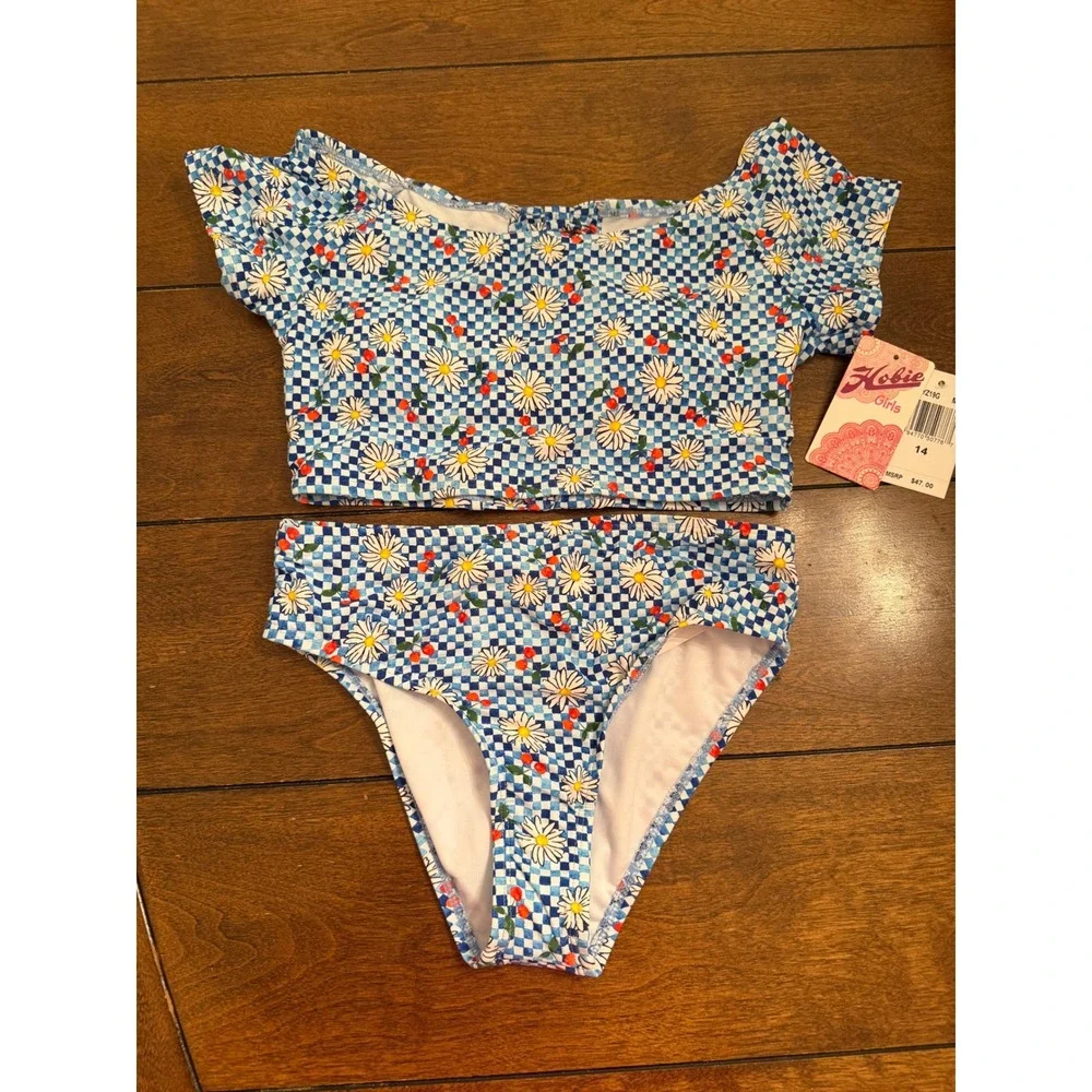 Hobie Girls Blue Checkered Daisy Cherry 2 Piece Swimsuit Set Size 14 HG3YZ19G